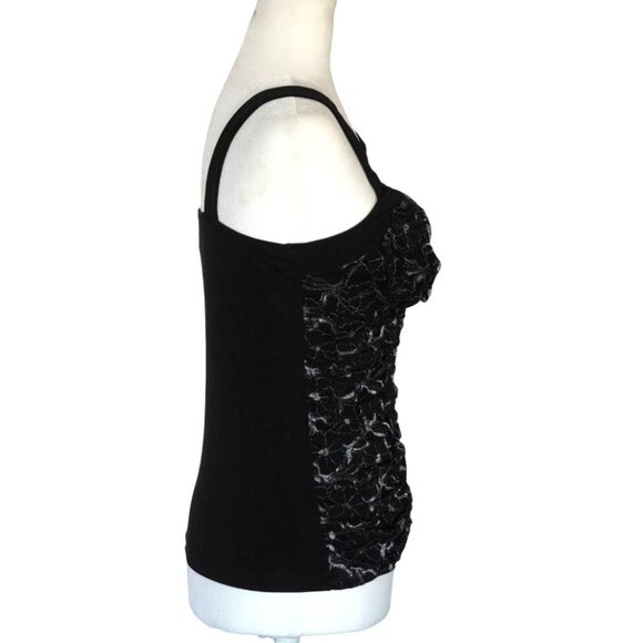 Y2K iz Byer California Tank Top Size Medium Black Metallic Silver Lace Ruched NO - Picture 9 of 11